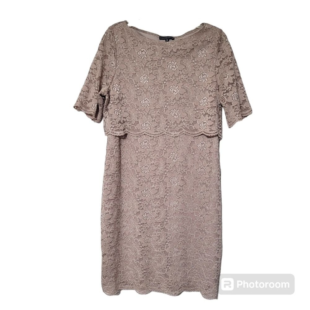 Covington Tan Floral Lace Overlay Midi Dress Size 14